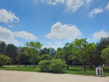 Birkaç ağaç ve bankın olduğu bir park. Gökyüzü birkaç bulutla mavidir
