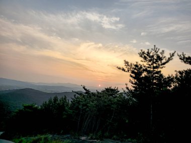 Önünde birkaç ağaç olan bir dağ sırasının üzerinde güzel bir günbatımı. Gökyüzü bulutlarla dolu ve güneş batıyor. Huzurlu ve huzurlu bir atmosfer yaratıyor.