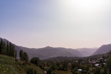 Açık mavi gökyüzü ve birkaç ağacı olan bir dağ sırası.