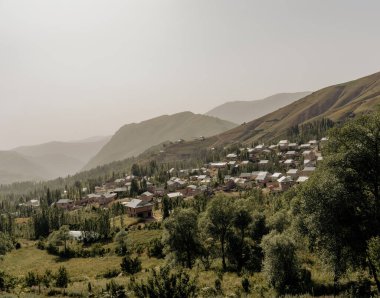 Dağlarda küçük bir kasaba, etrafını saran evler ve ağaçlarla çevrili. Gökyüzü bulutlu, ortama huzurlu ve huzurlu bir atmosfer veriyor.