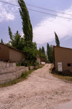 Her iki tarafında birkaç ev olan toprak bir yol. Evler küçük ve kahverengi. Yol dar ve dolambaçlı.