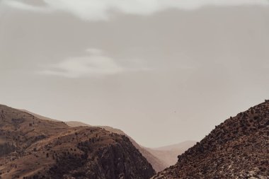 Gökyüzü bulutlu ve dağlar kahverengidir. Dağlar ağaçlar ve kayalarla kaplı. Gökyüzü açık mavi bir renktir