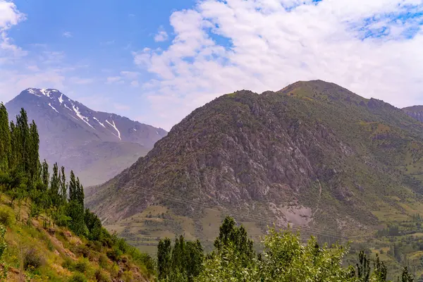 Dağlar ağaçlarla kaplı ve gökyüzü mavi. Dağlar çok yüksek ve ağaçlar yeşil.