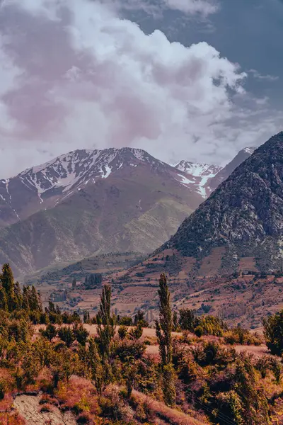 Dağlar karla kaplı ve gökyüzü bulutlu. Dağlar çok yüksek ve ağaçlar yeşil.