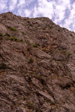 Üzerinde birkaç ağaç büyüyen kayalık bir dağ. Gökyüzü bulutlu ve güneş parlıyor