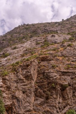 Arkasında bulutlu bir gökyüzü olan kayalık bir dağ. Dağ, ağaçlar ve kayalarla kaplı ve gökyüzü de bulutlu. Kayalık arazisiyle, haşinlik ve doğal güzellik kavramı
