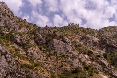 Üzerinde birkaç ağaç olan kayalık bir dağ. Gökyüzü bulutlu ve güneş parlıyor
