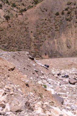 Birkaç ağacı ve birkaç kayası olan kayalık bir yamaç. Yamaçlar çorak ve kayalık, bitki örtüsü yok.