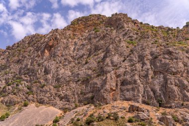 Üzerinde birkaç ağaç olan kayalık bir dağ. Gökyüzü mavi ve bazı bulutlar var.