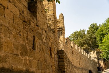 Ağaçlar ve gökyüzü manzaralı taş bloklardan yapılmış bir duvar. Duvar uzundur ve bir sürü dokusu vardır.
