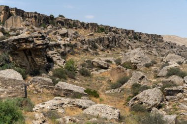 Birkaç ağacı ve birkaç insanı olan kayalık bir yamaç.
