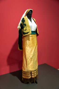 Sarı etekli ve yeşil ceketli bir kadın kırmızı arka planda duruyor. Bu kıyafet yabancı bir ülkenin geleneksel giysilerini anımsatıyor.