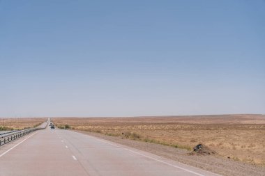 Üzerinde mavi bir gökyüzü olan uzun, boş bir yol. Yol uzun otlarla kaplı ve yolda bir araba var.