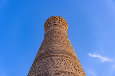 Arka planda mavi gökyüzü olan uzun bir tuğla kule. Kule kahverengi ve eşsiz bir tasarımı var.
