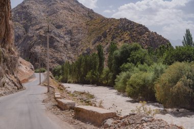 Yanı başında nehir akan bir yol. Yol dar ve ağaçlar yeşil.