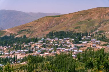Tepede evleri ve ağaçları olan küçük bir kasaba. Evler ahşaptan yapılmış ve yayılmış. Kasaba dağlarla çevrili ve gökyüzü açık.