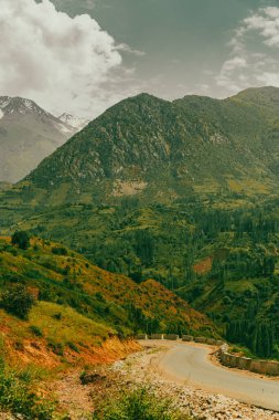 İçinden geçen bir yolu olan bir dağ sırası. Yol ağaçlar ve kayalarla çevrili ve gökyüzü bulutlu. Manzara huzurlu ve huzurlu, dağların doğal güzelliğiyle.