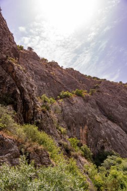 Üzerinde birkaç ağaç olan kayalık bir dağ. Gökyüzü açık ve güneş parlıyor.