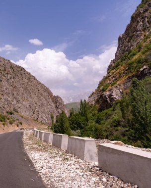 Dağları gören bir dağ yolu. Yol ağaçlar ve kayalarla kaplı. Gökyüzü açık ve mavi