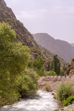 İçinden nehir akan bir dağ sırası. Su berrak ve ağaçlar yeşil.