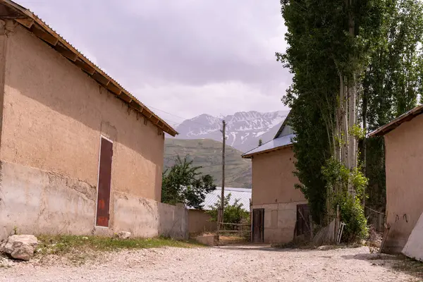 Toprak yolu ve birkaç evi olan küçük bir köy. Evler taştan yapılmış ve kırsal bir görünüme sahipler. Gökyüzü bulutlu ve arkadaki dağlar karla kaplı.