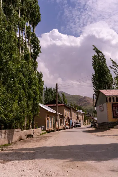 Toprak yolu ve birkaç evi olan küçük bir kasaba. Evler ahşaptan yapılmış ve kırsal bir havası var. Yol ağaçlarla kaplı ve yan tarafa park edilmiş birkaç araba var. Gökyüzü bulutlu.