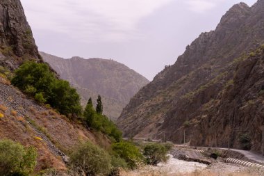 İçinden nehir akan bir dağ sırası. Dağlar ağaçlarla kaplı ve gökyüzü bulutlu.