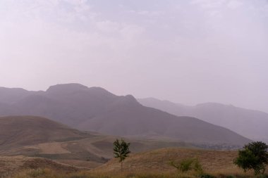 Bulutlu bir gökyüzü ve ön planda bir ağaç olan bir dağ sırası. Gökyüzü puslu ve dağlar bulutlarla kaplı.