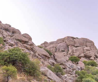 Üzerinde birkaç ağaç olan kayalık bir dağ. Gökyüzü açık ve güneş parlıyor.