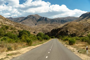 Arka planda dağ olan çölde bir yol. Yol boş ve gökyüzü bulutlu.
