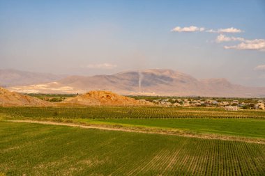 Arka planda bir dağ ve yeşil çimen tarlası olan güzel bir manzara. Gökyüzü açık ve mavi