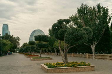 Arkasında büyük bir bina olan bir park. Ağaçlar küçük şekillerde budanmış. Parkta birkaç saksı bitkisi ve çiçekler var.