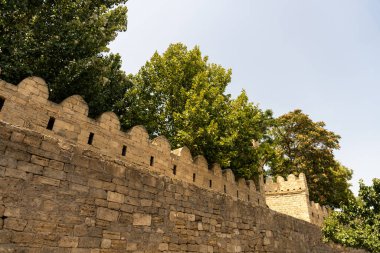 Önünde bir sıra ağaç olan taş bir duvar. Ağaçlar yeşil ve gökyüzü mavi.