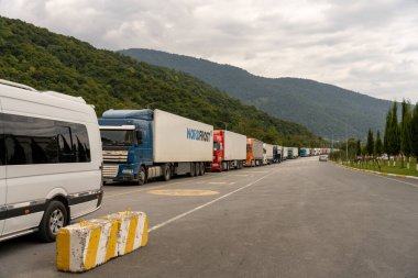 Önlerinde sarı ve beyaz bir bariyer olan bir yolda bir kamyon kuyruğu var.