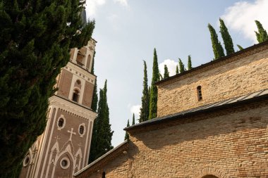 Arka planda bir kilise ve yüksek kulesi olan tuğla bir bina. Kule haçla kaplı.