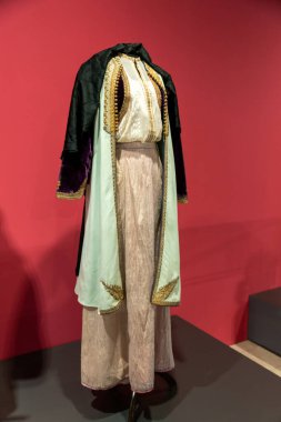 Bir kadının elbisesi bir müzede sergileniyor. Elbise mor ceketli, uzun, yeşil ve beyaz bir elbisedir. Elbise bir mankenin üzerinde ve kırmızı bir arkaplanda sergileniyor.