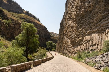 Yan tarafında kayalık bir uçurum olan bir yol. Yol ağaçlar ve çalılarla kaplı. Uçurum çok yüksek ve kayalıktır.