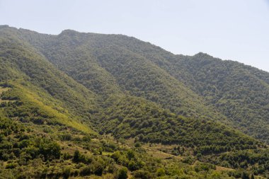 Yeşil ağaçlar ve çimlerle kaplı bir dağ sırası. Gökyüzü açık ve parlak ve güneş dağların üzerinde parlıyor. Huzurlu ve huzurlu bir manzara. Dağlar huzur veriyor.