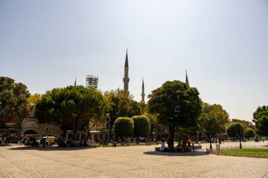 Merkezinde büyük bir ağaç ve etrafında birkaç küçük ağaç olan bir şehir meydanı. Banklarda oturan birkaç kişi ve etrafta duran birkaç kişi var. Atmosfer huzurlu ve rahatlatıcı.