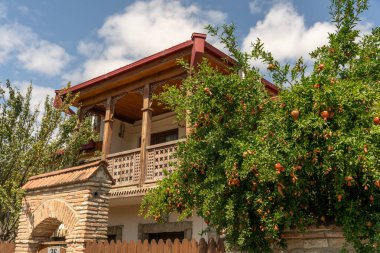 Balkonlu bir ev ve üzerinde meyve olan bir ağaç. Ev eski ve kırmızı bir çatısı var.