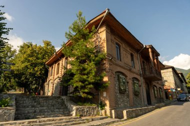 Önünde ağaç olan tuğla bir bina. Binanın bir sürü penceresi ve balkonu var.