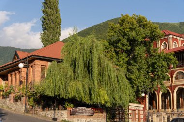 Önünde büyük bir ağaç olan bir bina. Bina kırmızı ve üzerinde bir işaret var.