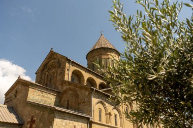 Sivri çatılı büyük kahverengi bir bina ve önünde küçük yeşil bir ağaç. Bina eski ve çok detay içeriyor.
