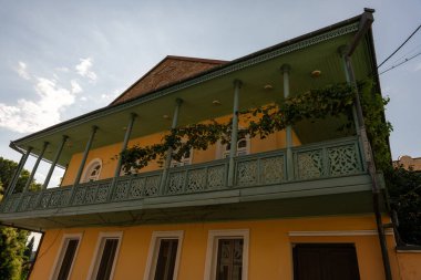 Yeşil balkonlu sarı bir ev. Balkon asmalarla kaplı. Ev ağaçlarla çevrili.