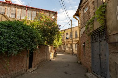 Ortasında ağaç olan dar bir sokak. Sokak tuğla binalarla kaplı ve birkaç penceresi var.