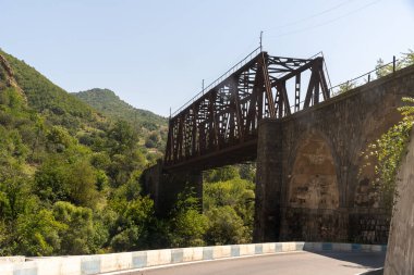 Arka planda yeşil orman olan bir nehir üzerinde köprü. Köprü eski ve paslı.