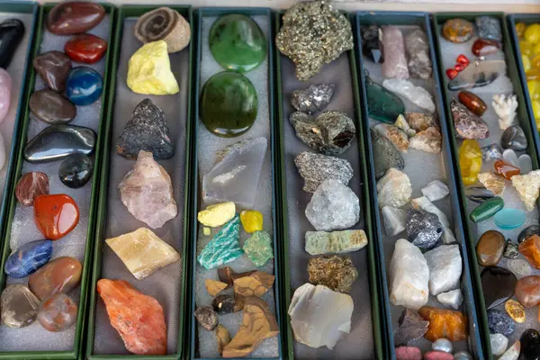Yeşil bir kutuda renkli kaya ve taş koleksiyonu sergilenir. Renklerin ve dokuların çeşitliliği merak ve merak hissi yaratır.