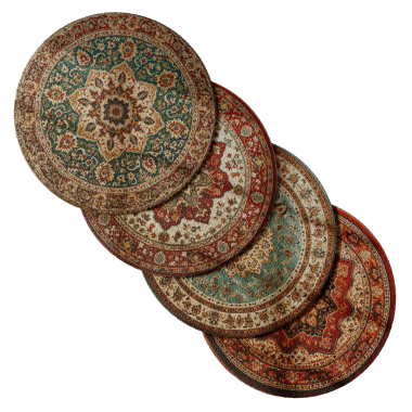 Dört farklı renkli halı üst üste istiflenmiş. Halıların boyutları ve renkleri farklıdır, biri açık mavi, diğerleri kırmızı ve yeşildir.