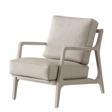 Beyaz yastıklı ve ahşap çerçeveli bir sandalye. Sandalye beyaz bir arka planda oturuyor. Sandalye modern bir tasarıma sahip ve rahat görünüyor.