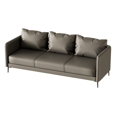 Üzerinde üç yastık olan gri bir kanepe. Koltuk deriden yapılmıştır ve modern bir tasarıma sahiptir.